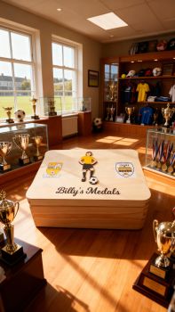 Personalised Soccer Medal box, with two soccer crests. Box is finished with a non toxic wax. The dimensions of the box are 29cm x 18cm x 13cm a very generous size to store all your well earned medals. Choose male and female player, Choose what colour kit, hair and skin colour you would like on the soccer player. Great to make the soccer player look like the recipient of the gift and the colours of their soccer club. The ideal gift for any soccer fanatic with a medal haul and nowhere to store them. Leave them speechless with this personalised medal keepsake box, something they will have to cherish their soccer medals. These personalised soccer medal keepsake boxes are the perfect gift for a birthday, mothers day, fathers day, communion, confirmation or Christmas present. A truly unique gift for any ocassion&nbsp; &nbsp;
&nbsp;