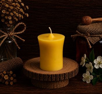 Illuminate your space with our Small Pillar Beeswax Candle, crafted from our own beeswax. At 65mm x 50mm and 94g, this compact candle offers up to 20 hours of inviting glow. Embrace sustainability and elegance in one small package.