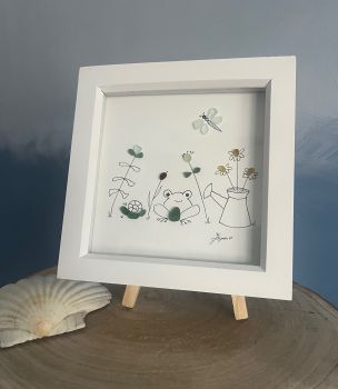 Garden creatures, seaglass and hand drawn. wooden frame : 7 inches X 7 inches