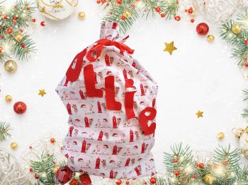 These Santa sacks are made with either a fab red Santa letters fabric OR Santa, Mrs Claus faces with Rudolf and red post boxes, sewed to a high finish with wide red ribbon added for tying. This large gift bag is made using 100% cotton fabric.&nbsp; I can attach the child's name appliqued on with gold thread.&nbsp;
The bag size options are
large sized: 46cm long X 40cm wide (will fit 2 standard cereal sized boxes as well as smaller items, soft items), Santa letters on red
Extra big; Santa and Rudolf with red post boxes: 67cm long X 38cm wide
What's perfect is it can be used every year as a Christmas tradition.&nbsp;