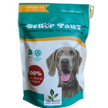 Better Paws Seaweed Minerals is a 100% natural, organic mineral supplement for dogs and pets. Made from seaweed, it provides essential trace minerals to support digestion, skin, coat and nail health, gland function, and helps reduce dental plaque. Simply sprinkle onto food daily for an easy, natural boost to your pet&rsquo;s wellbeing.