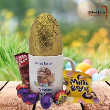 Personalised Easter Themed Mug Hamper is a fun, unique and an ideal personalised Easter gift. The mug can be personalised with a picture inside the Easter basket and name of the child and/or&nbsp; other text and also includes a Easter Egg and sweets. A personalised gift from Gifted Lane.&nbsp;