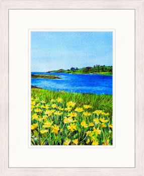&lsquo;Golden&rsquo; &ndash; framed original acrylic landscape painting of these vibrant yellow flowers with the coastal view from the Air India Memorial, across Kitchen Cove in Dunmanus Bay, Ahakista.
Search for my store Sarah Elliott Fine Art to view all my products.
