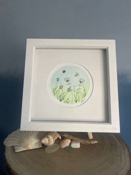 watercolour flowers, seaglass and hand drawn. wooden frame : 9 inches X 9 inches