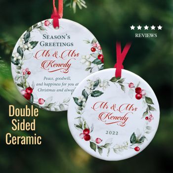 Personalised Christmas Ornament for a couple
Unique front and back design
Made especially for you
Printed with names and year
Mr & Mrs, Mr & Mr or Mrs & Mrs. or
Couples’s first names
Personalised both sides
Handcrafted printed 3″ (7cm) Ceramic
Hung with ribbon
Presented in a quality gift bag or presentation box
Will be displayed year after year
