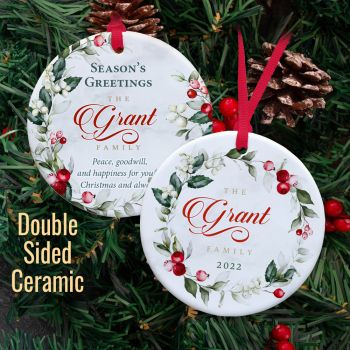Personalised family name Ornament
Unique front and back design
Custom made for you
Personalised both sides
Printed with family name and year
Handcrafted printed 3″ (7cm) Ceramic
Hung with a satin ribbon
Presented in a quality gift bag or presentation box
Will be displayed year after year