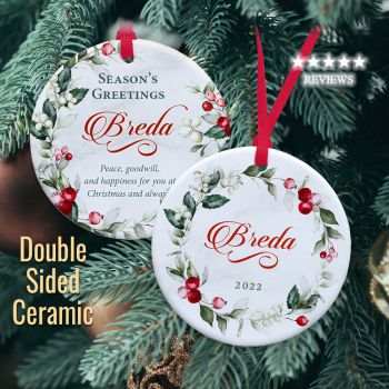 Personalised  Christmas ornament for anyone
Unique front and back design
Custom made for you
Personalised both sides
Printed with persons name and year
Handcrafted printed 3″ (7cm) Ceramic
Hung with a satin ribbon
Presented in a quality gift bag or presentation box
Will be displayed year after year