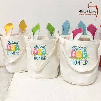 Have a unique personalised Easter Egg Hunt Bag for your child Easter Egg Hunt this year. The bags are unique with rabbit ears and come in 4 different colours blue, pink, yellow and green. And can be personalised with any picture or text. A personalised gift from Gifted Lane.&nbsp;