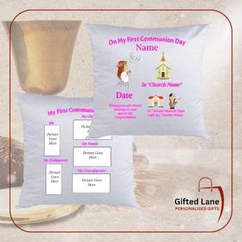 Tell the story of your First Holy Communion with Personalised First Communion Story Cushion and a keep a memory of all the details along with pictures of a special day. They are white in colour and can be personalised on both sides of the cushion with any picture or text on them. They are square shaped cushions with filling also included. Another special personalised from Gifted Lane.&nbsp;