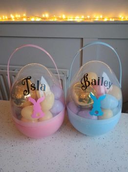 Personalised Large Easter Fillable Egg 
with 29 x Mini fillable Eggs inside + 1 x Golden Egg
***These come with 29 empty fillable eggs inside + 1 x Large Golden Egg&hellip;&hellip;ready to fill with treats! Great for an Easter Egg Hunt!
* Large Plastic Egg 25cm High, great fun for Easter
* Personalised with Name in Vinyl&nbsp;
*These Eggs are very durable and will last for many years to come and are a cute addition to your Easter Decor

Size: H26cm x 17.5cm
Smaller eggs size:&nbsp;5.5cm x 4cm&nbsp;(29 Incuded) + 1 x GOLDEN EGG Size:H10 x 7.5cm

***Please Note This is not a Toy and is purely for decoration purposes, it should never be given to a Baby to play or anyone under 3 years of age, due to small parts and choking risk