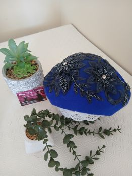 Customised Wool Beret - Royal Blue - Handsewn Floral Applique
 