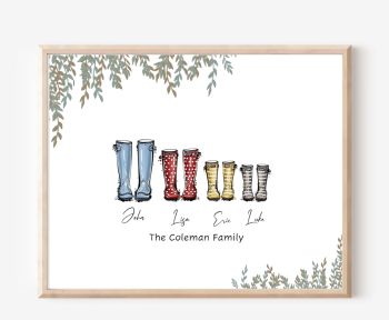 Personalised Family Wellie / welly Boot Print &ndash; FREE delivery in Ireland.
In place of a family surname you can choose your own wording such as &ldquo;Our Family&rdquo; or &ldquo;Our Grandkids/Grandchildren&rdquo;. These are prints only &ndash; frame is not included. Prints are A4 and are printed on 300gsm card using high quality inks. Prints are posted in a clear cellophane sleeve and a card-backed envelope.
More Than Memories
New Home Gift | Housewarming Gift | Gifts for her | Gifts for him | Wedding gift | wellie print | welly print | boot print | Rain Boot | Wellies | Welly | Christmas Gift | Secret Santa | Kris Kindle | Family Gift | New Baby gift | newborn gift&nbsp;