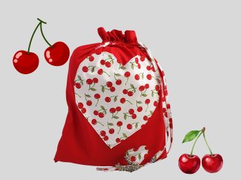 This bright red red cotton fabric has 3 red cherries hearts appliqued to the front of the bag. This large gift bag with drawstring closure with coordinated fabric ties to match the main fabric.&nbsp;
This bag will fit my breast cancer surgery support pillows, if you're interested in purchasing. The bag measures 50cm long X 37cm wide (This will fit 1 standard cereal sized boxes as well as smaller items, soft items). The gift bag can be bought to make the pillow extra special, which the recipient can then use for everyday uses.&nbsp;&nbsp;