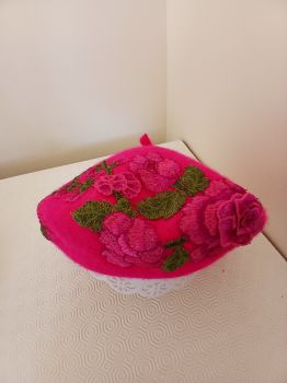 Customised Wool Ber&egrave;t - Cerise Pink - Handsewn Floral Appliqu&egrave;&nbsp;