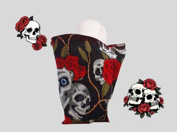 This sanitary pads holder bag has lots of roses and skulls with black. This gothic themed fabric is lined with a rich red coordinating fabric. This has 3 press studs to close.&nbsp;&nbsp;
This bag will fit standard period pads or tampons packets. The bag measures 21cm long X 19cm wide with a handmade tag added. It is a descreet way of holding pads, if needed or can&nbsp; be used for everyday uses.&nbsp;&nbsp;