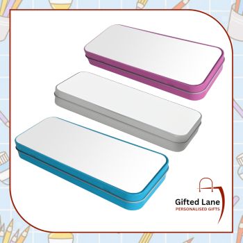 Personalised Tin Pencil Case can be personalised with any pictures or text on them with a child favourite picture or hobby, cartoon, music or sporting star and their name on them if you wish. The Pencil Case comes in 3 different colours in Silver, Pink or Blue. Another special personalised gift from Gifted Lane. Check out our store today and view our full range of personalised gifts from Gifted Lane. Remember a personalised gift from Gifted Lane is always a special gift