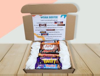 Introducing our Work Bestie Chocolate Poem Gift Box
This gift box includes six full sized delicious Cadbury and Nestle chocolate bars, accompanied by a sweet and heartfelt poem for your co-worker, work pal!
Including a mix of everyone’s favorite chocolates.
Give the gift of indulgence and joy, along with a sentimental touch, with our Chocolate Poem Gift Box!
A very sweet gift to give!