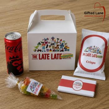 Enjoy the Toy Show with a Personalised Toy Show Treat Box. Each box can be personalised with a name and contains a candy cone of either drinking chocolate and marshmallows, jelly sweets or popcorn, a drink of either Fruit Shoot or Can of Mineral or Water, packet of chrisp, bar of chocolate and other sweets available at the time. Another special personalised gift from Gifted Lane. Check out our store today and see our full range of personalised gifts from Gifted Lane. Remember a personalised gift from Gifted Lane is always a special gift.