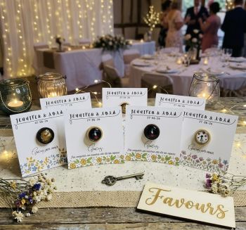 Handmade brooches with custom wedding card.