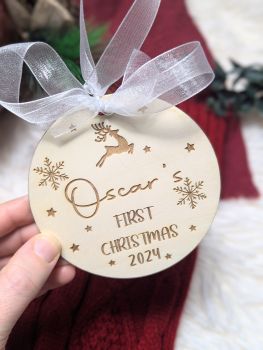Add a rustic touch to your Christmas tree with our handmade, engraved wooden signs. Available in round, star, or heart shapes, each piece is personalized with a name and "2024" (optional). Crafted from birch plywood, these ornaments come with a white organza ribbon, making them a perfect keepsake or thoughtful gift.