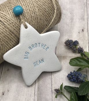 Handmade with air drying clay, these little decorations are the ideal gift for when the new baby arrives for  those very special older siblings. Can be personalised with any name and come in a choice of big brother or big sister, little brother, little sister.
