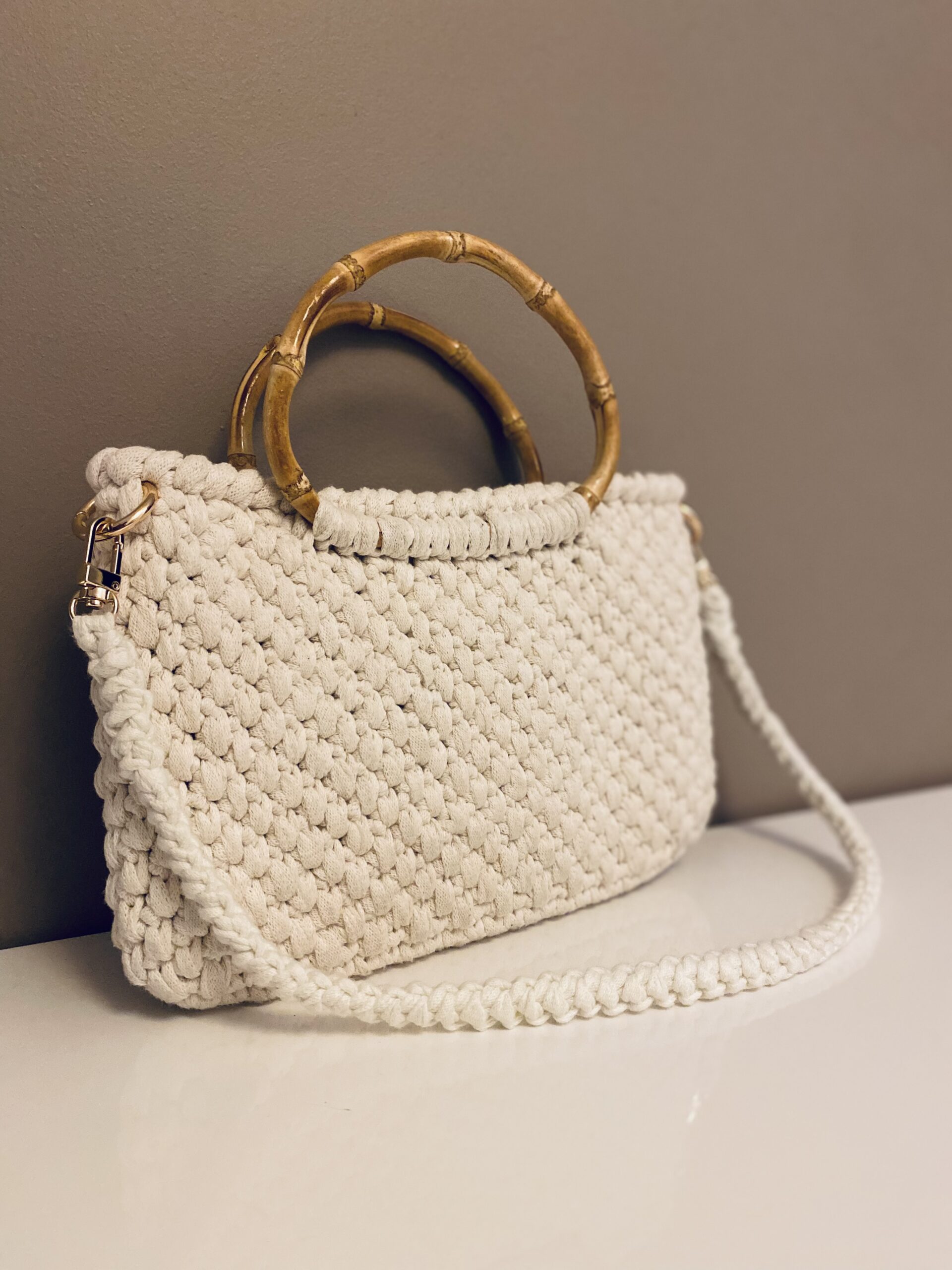 Small white crochet cotton bag with lining, bamboo handles and zip