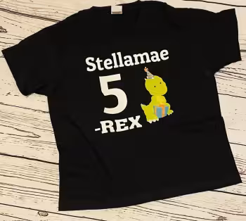 Personalised -Rex Birthday t-shirt
– 100% soft cotton black t-shirt personalised with white text and cute Dino image
– name and age can be added