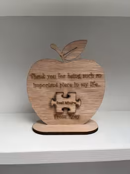 A lovely way to tell someone how special they are.
This freestanding wooden apple is made from beautiful poplar plywood and is personalised with a name on a separate puzzle piece (which is glued to the apple). This could be any name – a teacher, school, childminder, creche or any family member or friend.
We can also engrave who it’s from if desired.
See size details below. 