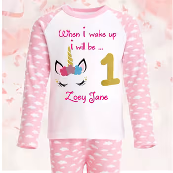 Personalised Pyjama set with Unicorn theme
Fabric: 100% Cotton
– pink and glitter gold design with a cute glitter unicorn image
– name and age can be added
A different style pjs might be offered, depending on stock levels