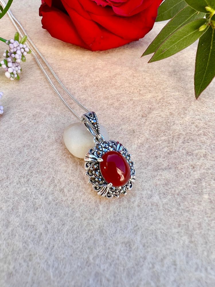 Red Agate Marcasite Sterling Silver Necklace ,Earrings, Red Agate