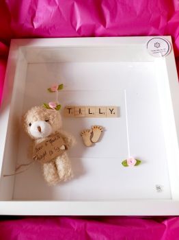 Looking for a new baby gift . This scrabble &amp; super cute mini teddy frame personalised with name &amp; date of birth &amp; weight if you wish.

Box frame (white) 25x25cm

View more by Crafty Gifts By Jen.